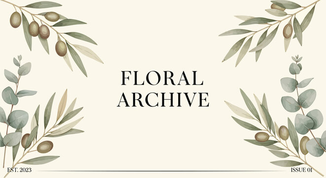 Floral archive template, botanical frame, eucalyptus leaves, olive branches, decorative border