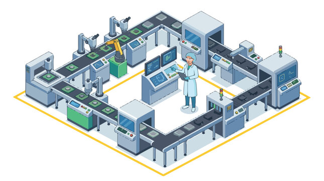 Automated Semiconductor Manufacturing Facility Isometric Vector Illustration with Worker Monitoring Production Line