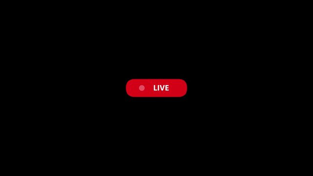 Red live button with blinking dot icon on black background. 4K Video
