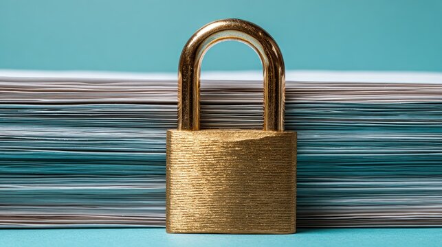 Golden padlock secures a thick stack of layered documents against a blue background