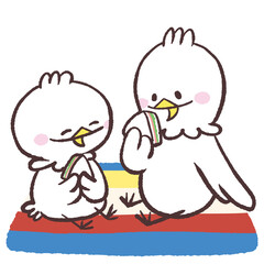 シートの上でサンドイッチを食べる白い鳥達のイラスト © おひさまストック