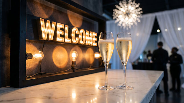 Vintage marquee bulb welcome sign with champagne flutes at upscale event venue for wedding reception corporate gala and luxury hospitality celebration concepts