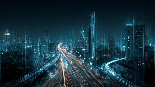 Smart city digital transformation concept with light trails over modern urban skyline at night, fast internet communication, 5g and fiber optic technology

