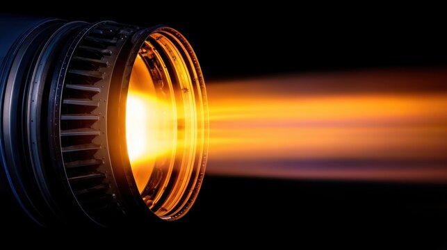 A close-up view of a powerful jet engine nozzle emitting a vibrant stream of orange light against black