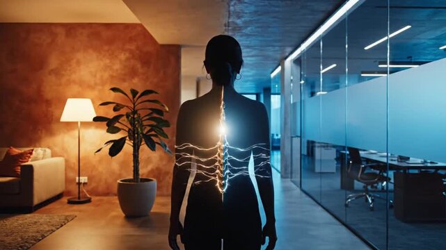 Spatial Dichotomy Hybrid Work Equilibrium Female Silhouette Balancing Between Warm Home And Cold Corporate Office Liminal Space