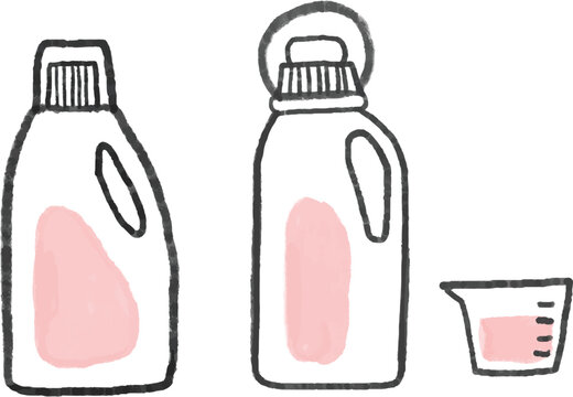 Set of laundry detergent and fabric softener bottles with a measuring cup, hand-drawn style on transparent background