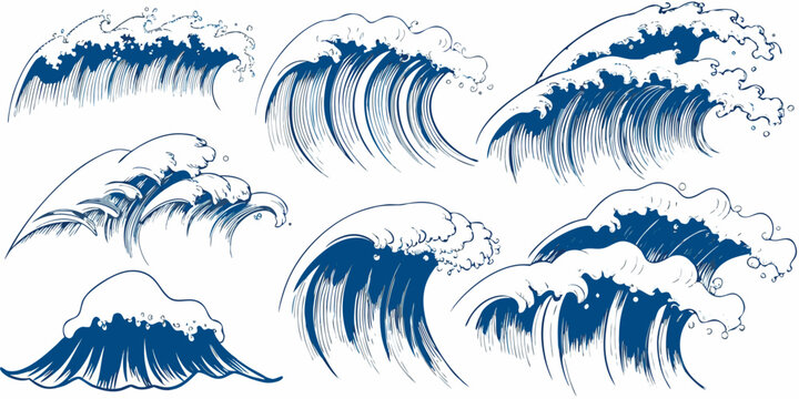 Collection of blue ocean waves vector illustration on white background