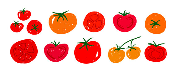 Hand drawn tomato set. Red ripe tomatoes doodle collection. Organic healthy food bundle for restaurant, cooking recipe. Italian fresh farm vegetable sketch element pack. Vector illustration © vika_k