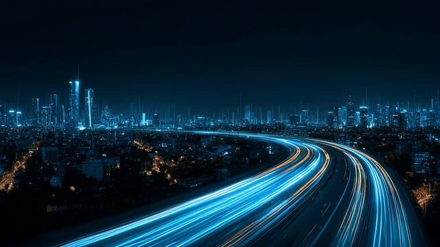 Smart city digital transformation concept with light trails over modern urban skyline at night, fast internet communication, 5g and fiber optic technology
