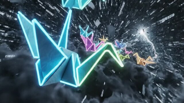 Neon Origami Cranes Fly Through Futuristic Cloud Tunnel of Light