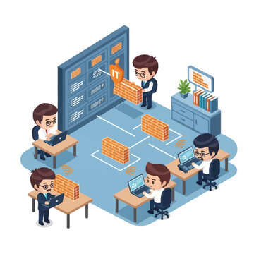 Isometric vector illustration of a chibi IT team securing a network using brick firewalls and digital shields while monitoring system interfaces on laptops in a modern office setting.