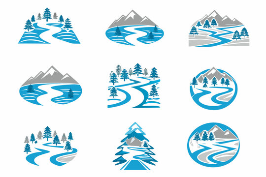 Mountain and river logo collection minimalist vector illustration on white background