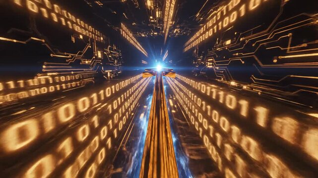 Digital circuit tunnel with binary code representing smart infrastructure and connectivity