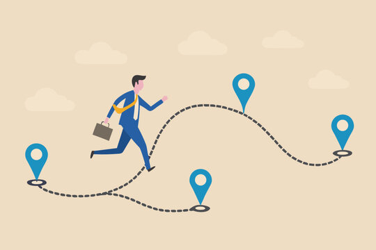 businessman running along dotted path with map markers illustration