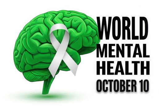 World mental health day ribbon on green brain illustration