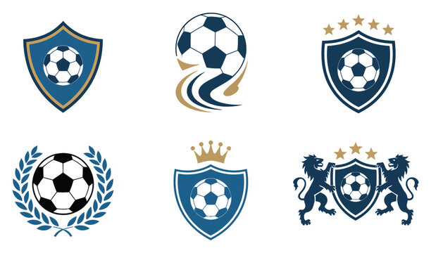 Soccer trophy and shield emblem set laurel wreath crown star ribbon lion crest club identity design vector illustration collection