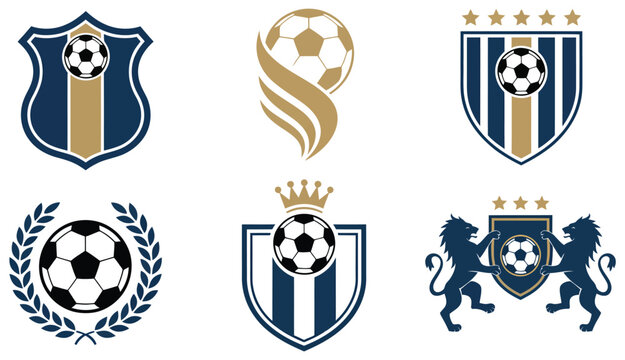 Soccer trophy shield emblem set laurel wreath crown star ribbon lion crest sports club identity design vector illustration isolated collection
