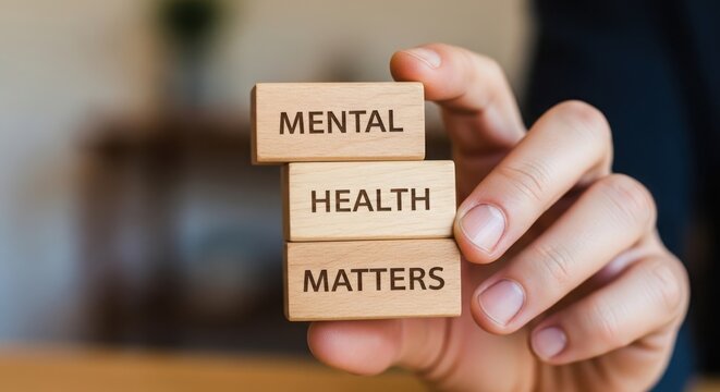 Hand stacking wooden blocks saying mental health matters