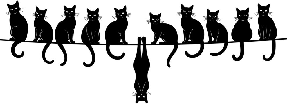 Black cat silhouette group sitting on wire, funny kitten hanging upside down, minimalist animal vector illustration, pet line art, cute.
