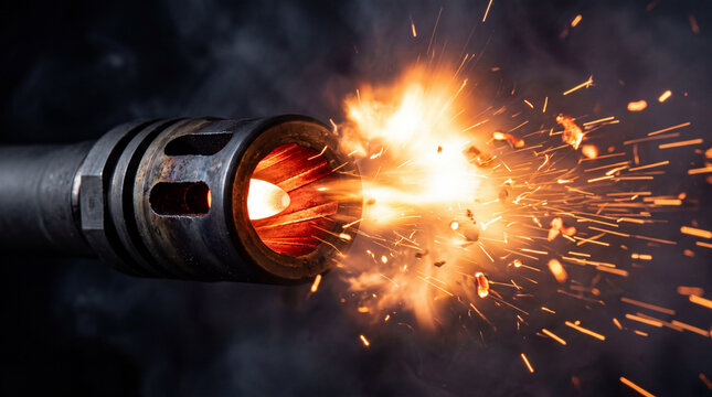 Explosive Muzzle Flash and Sparks From Gun Barrel at Night