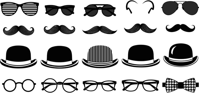 Vintage hipster fashion accessories collection, including various mustaches, classic bowler hats, stylish sunglasses, retro eyeglasses, and checkered bowtie icons set.
