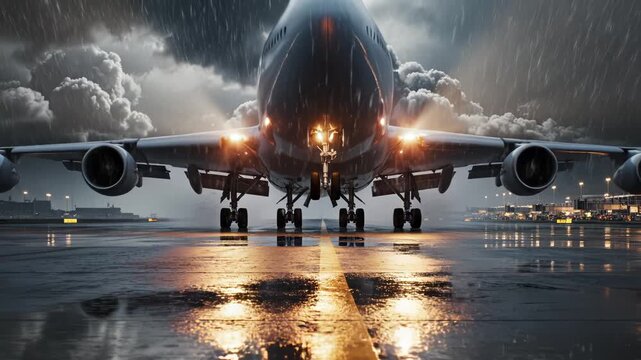 Airplane on Wet Runway in Storm ideal for travel vlogs and eco-friendly campaigns
