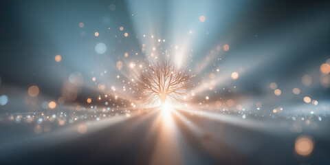 Obraz premium Illuminated solitary tree with mystical glow. Quiet tree shimmering under glowing light beams