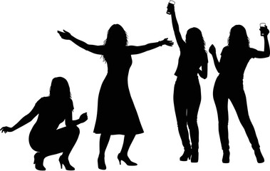 Fototapeta premium Black, silhouette, collection, of, young, women, dancing, partying, and, celebrating, with, drinks, in, hand, isolated, on, white, background, vector, set.