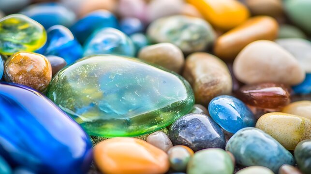 Close-up of colorful polished gemstones and smooth pebbles