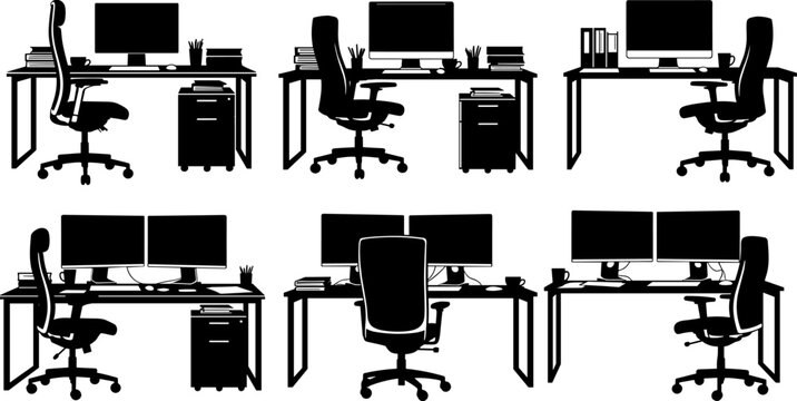 Black, silhouette, collection, of, modern, office, workstations, featuring, single, and, dual, monitor, setups, desks, ergonomic, chairs, and, storage, units, isolated.