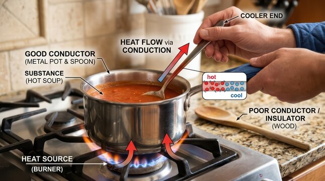 Heat Conduction Illustration with Metal Pot and Wooden Spoon on Stove.