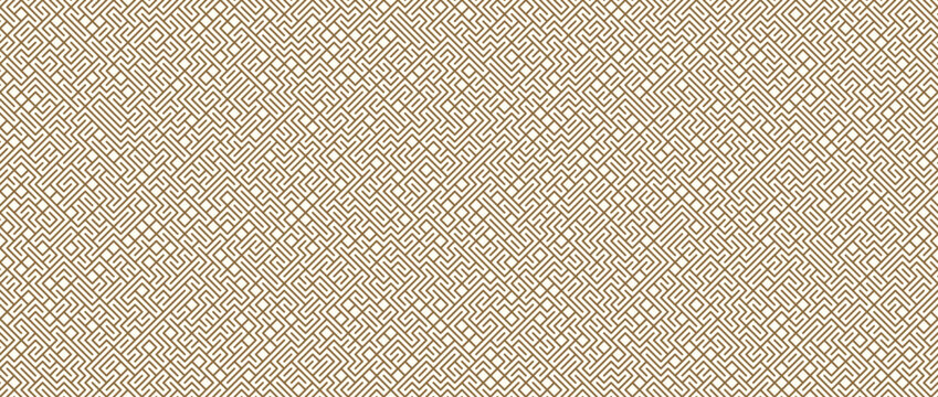Beige geometric seamless pattern. Abstract linear repeated maze background. Line labyrinth grid texture wallpaper for graphic print, design template. Vector repeating retro line element all over bg
