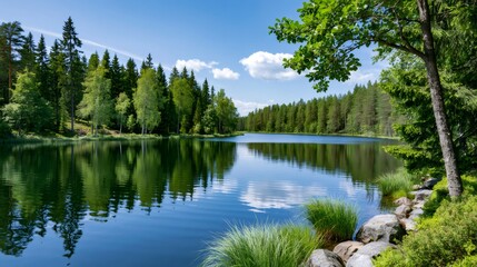 Obraz premium Finnish lake reflecting green forest and blue sky