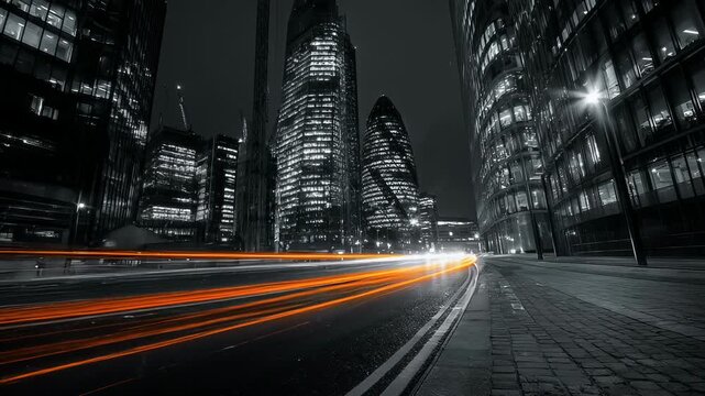 Light trails in london city, dynamic urban motion, glowing traffic scene
