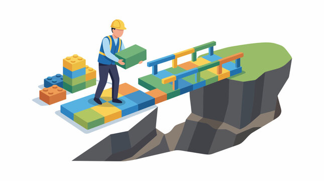 Construction Worker Building Bridge with Toy Blocks Isometric Vector