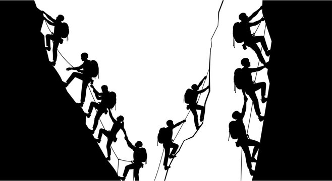 Black silhouette vector illustration of group of people rock climbing up steep mountain cliffs with ropes, isolated on white background.