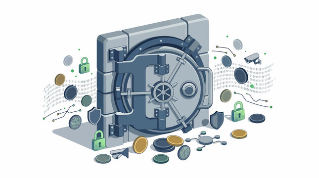 Isometric Bank Vault with Digital Security and Money Icons