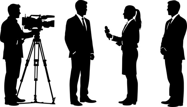 Black silhouette of professional news reporter interviewing a confident businessman, with cameraman recording, isolated on white background vector illustration design.