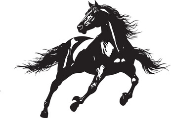 Silhouette black running wild horse with flying mane and tail isolated on white background. © Hridoy