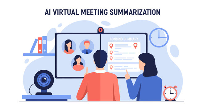 Two professionals observe a large digital monitor displaying an automated meeting summarization interface with participant headshots and action items in a modern corporate office.
