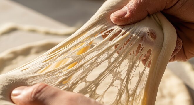 Close-up of hands stretching raw dough with visible gluten strands.