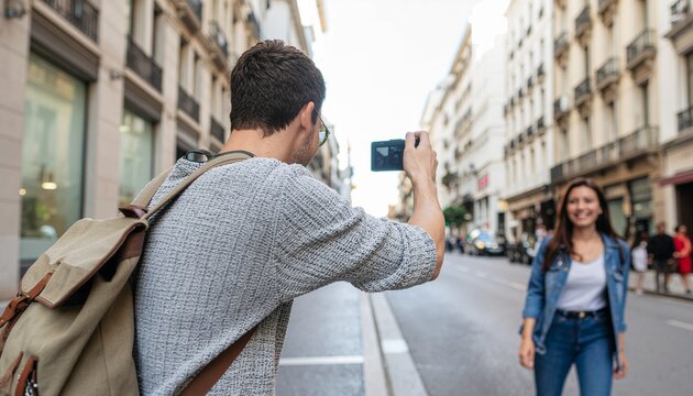 Man takes photo of woman on city street with buildings