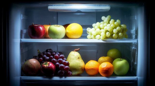 Selection of fresh fruits inside a refrigerator illuminated by the interior light with eat well