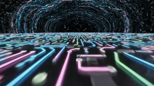 Abstract Digital Tunnel of Neon Circuits, Future Technology Network and Data Flow