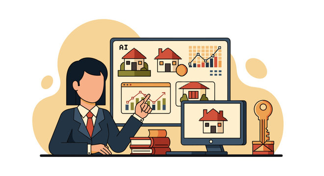 A businesswoman in a navy blazer points at a computer screen showing residential housing price charts and house icons in an office environment with a golden key nearby.