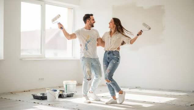 Joyful couple playfully splattered with paint ecstatically dancing in their newly painted empty white room celebrating the completion of their home renovation project with pure "Surreal Silliness" and