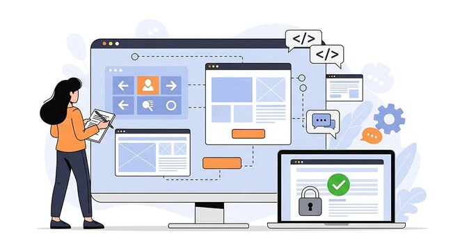 Woman interacting with large computer screen displaying website design elements and coding symbols while standing next to a secure laptop.
