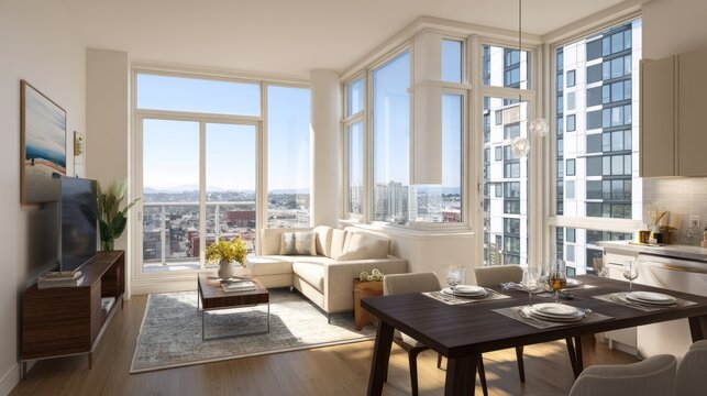 Contemporary open concept apartment interior showcases expansive city views through large windows