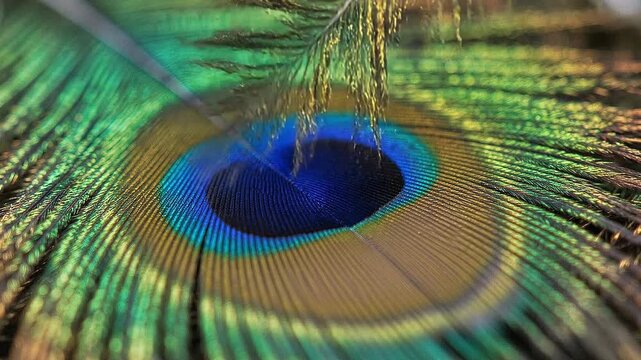 Close-up macro of a vibrant peacock feather eye showcasing intricate iridescent patterns and textures perfect for nature and design backgrounds