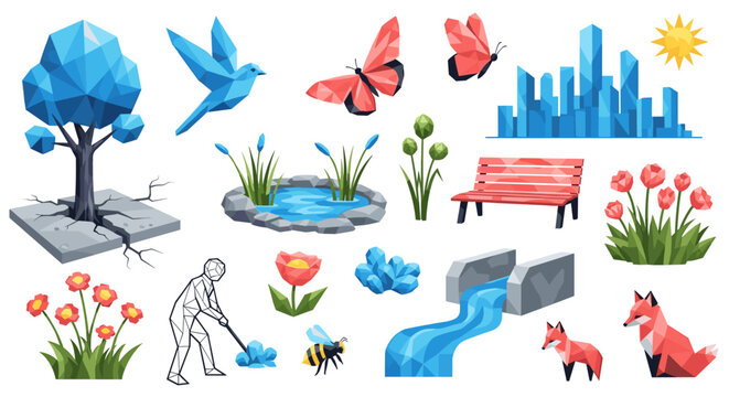 A variety of low poly geometric nature elements including a tree, bird, butterfly, pond, flowers, and city buildings appear against a plain light grey background.